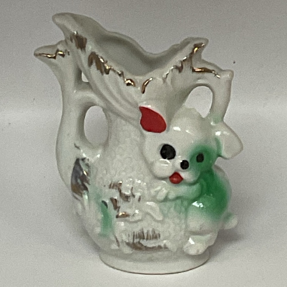 Small Ceramic Dog Figurine Vase with Gold Accents Made in Japan
